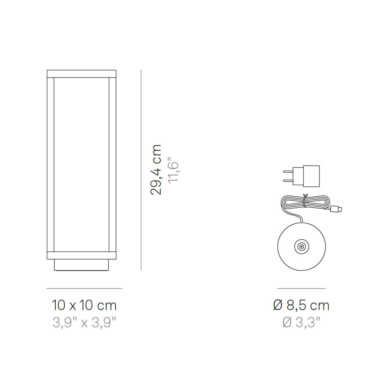 Zafferano AiLati Home Pro LED Akkuleuchte, Maßzeichnung (Einzel-Kontaktladestation inbegriffen)