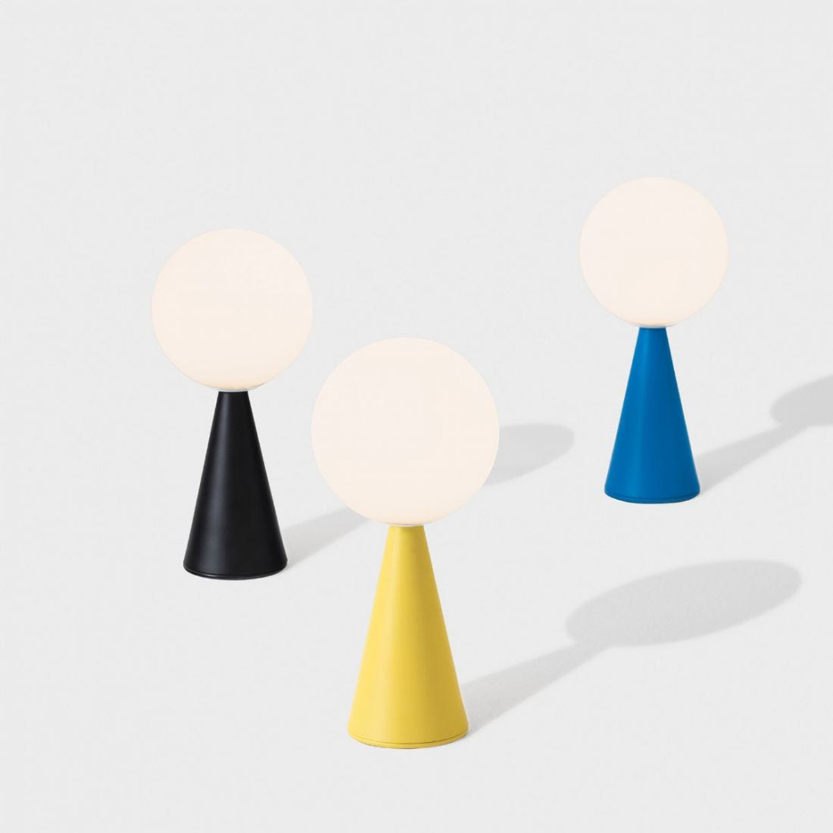 Fontana Arte Bilia Mini Tischleuchte, in Schwarz glänzend, Gelb und Blau