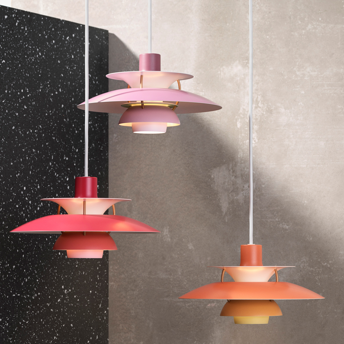 Louis Poulsen PH 5 Mini Pendelleuchte, Hues of Red (rot), Hues of Rose (rosé) und Hues of Orange (orange)