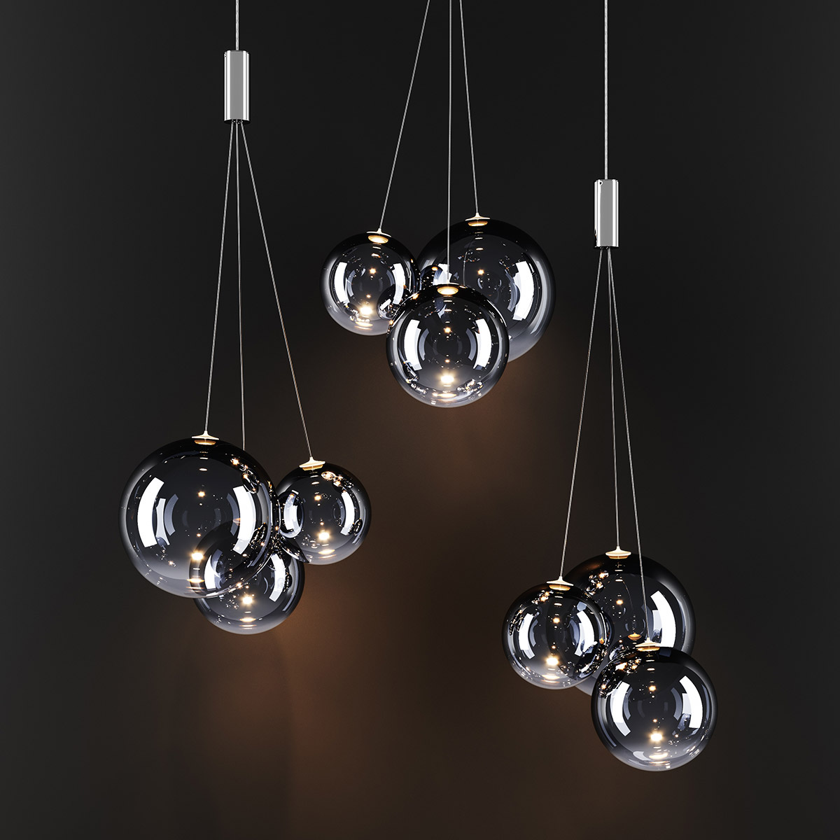 Lodes Random LED Pendelleuchte, 3-flg., Chrom - Rauchglas, Abbildung zeigt 3 x Random LED Pendelleuchte, 3-flg.