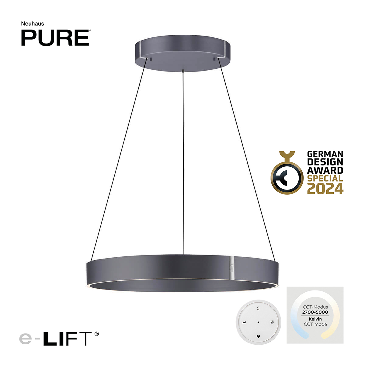 PURE E-Clipse LED Pendelleuchte mit e-LIFT und CCT
