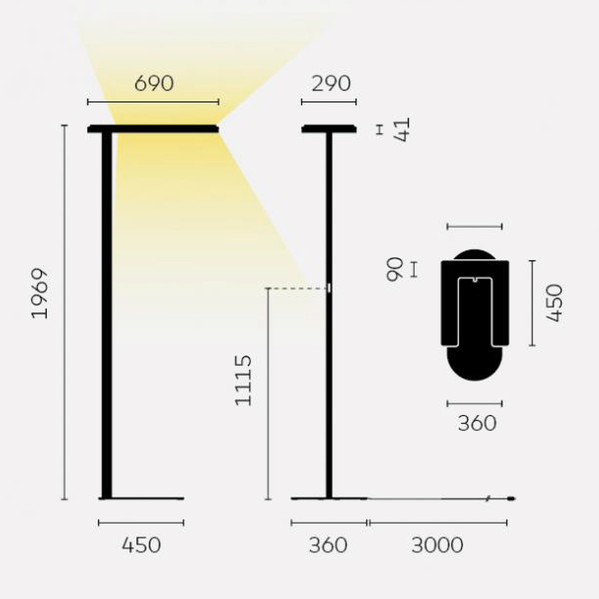 Belux Kido-12 LED Stehleuchte, asymmetrisch, Maßzeichnung