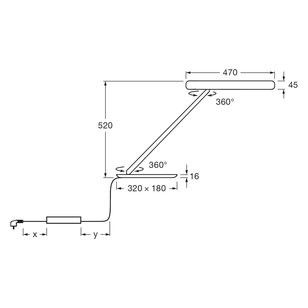 Occhio Taglio tavolo fix Tischleuchte, Maßzeichnung (x = 1 m, y = 2 m, davon 1,5 m aufrollbar)