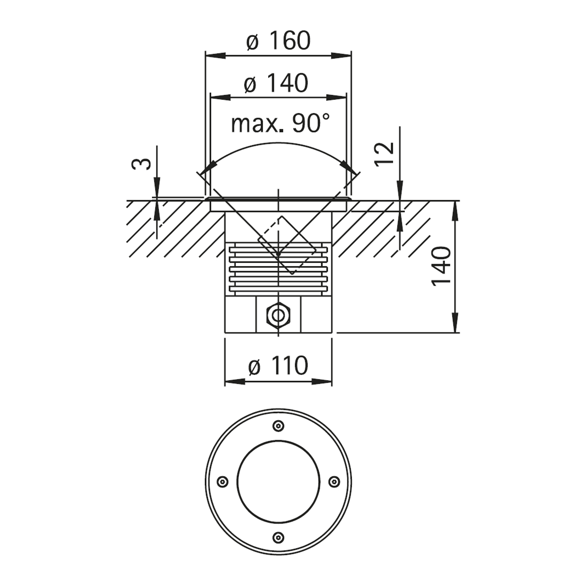 Albert 692188 LED Erdeinbaustrahler, schwenkbar, Maßzeichnung
