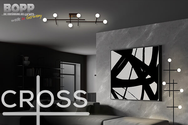 Bopp Cross Leuchtenserie mit Deckenleuchte, Pendelleuchte und Stehleuchte für Wohn- und Esszimmer