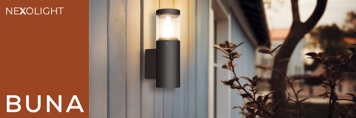 Nexolight Buna outdoor wall light with warm light on a modern house facade in an entrance area