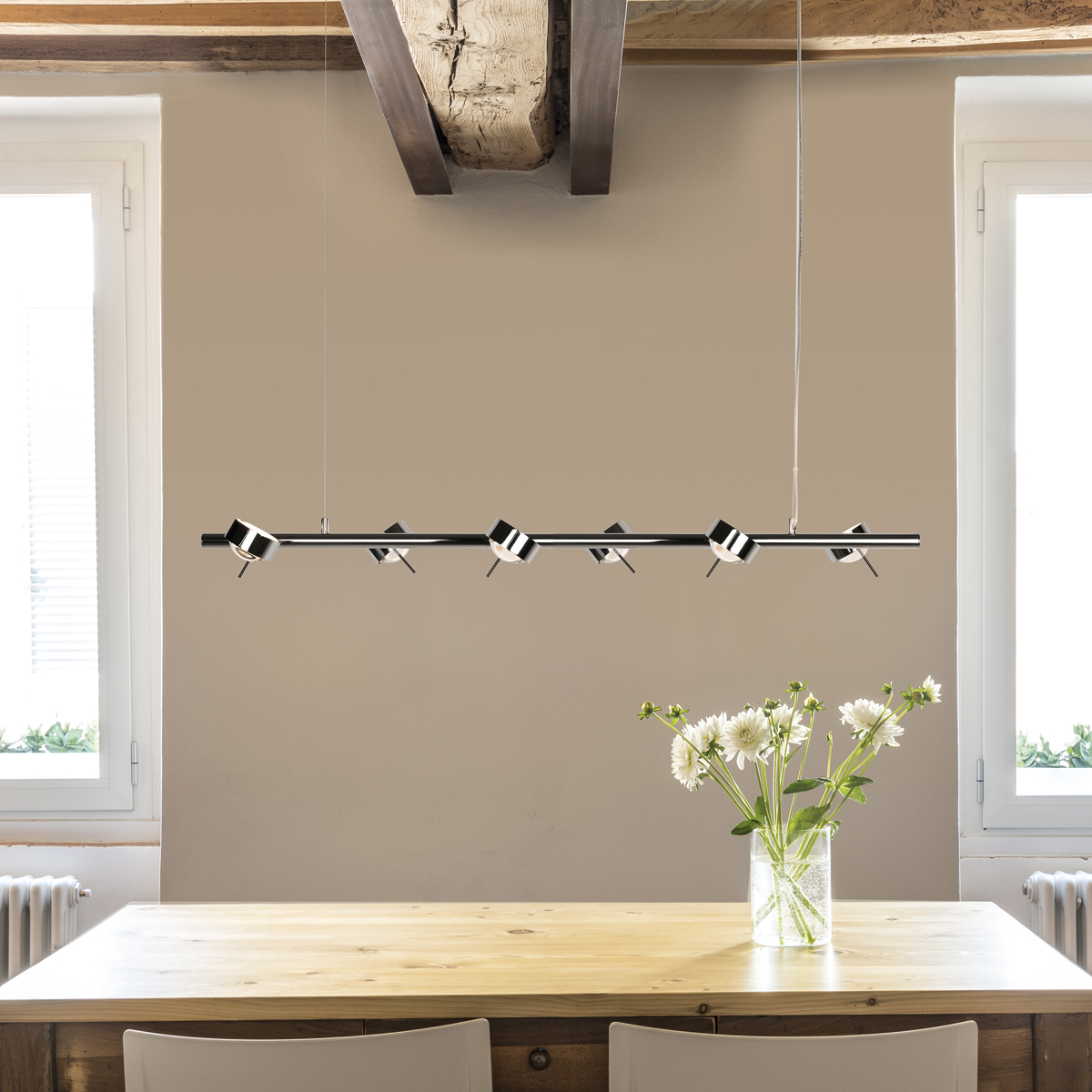 Top Light Puk Sixtett Pendelleuchte, Chrom, mit Einsätzen Glas satiniert / Linse klar