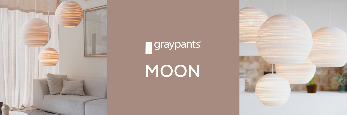 Graypants Moon Pendelleuchten aus recyceltem Karton als warme Kugelleuchten für Wohnzimmer und Essbereich