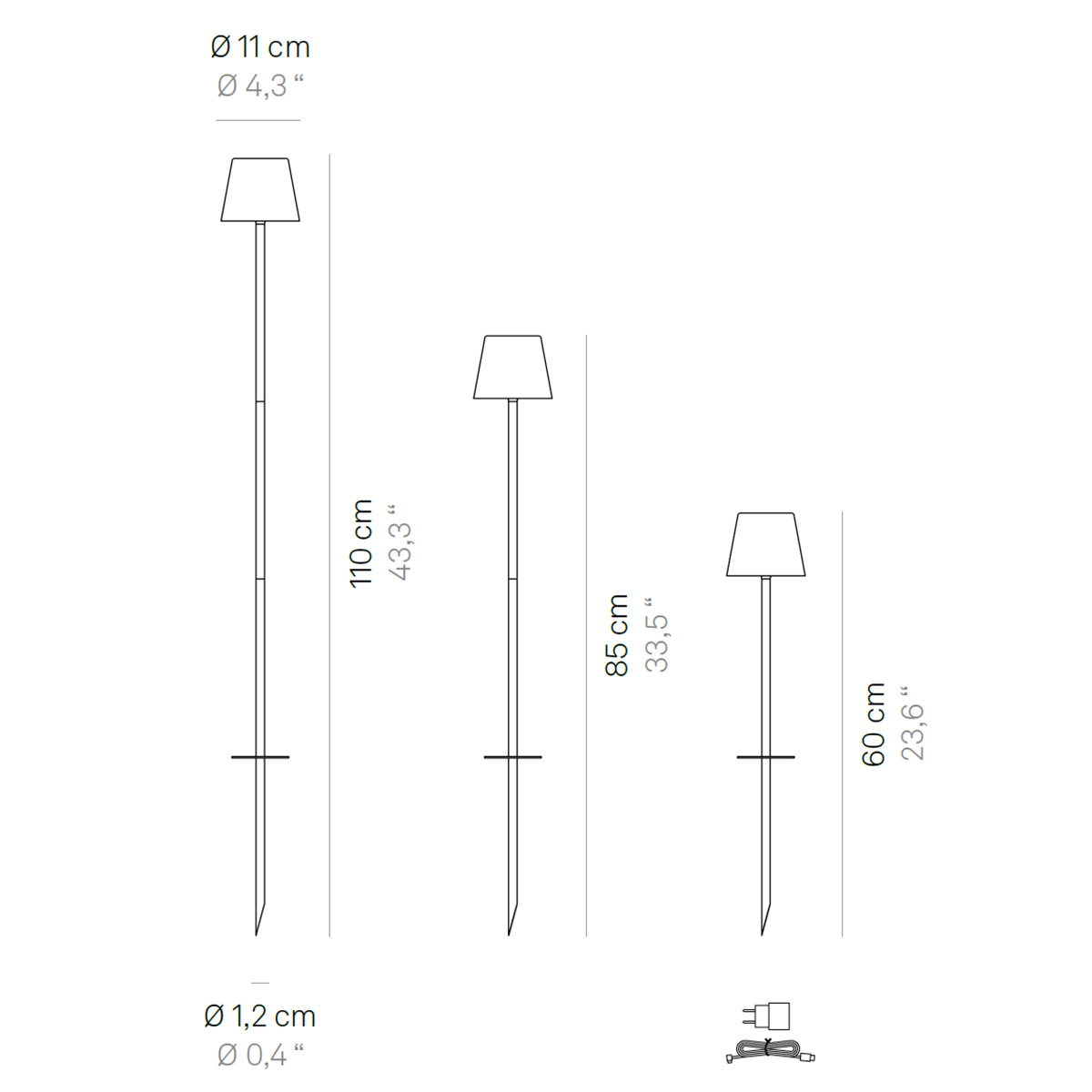 Zafferanon AiLati Poldina Picchetto LED Akku-Spießleuchte, Maßzeichnung, Verwendung der Verlängerungsstäbe (als Zubehör erhältlich)