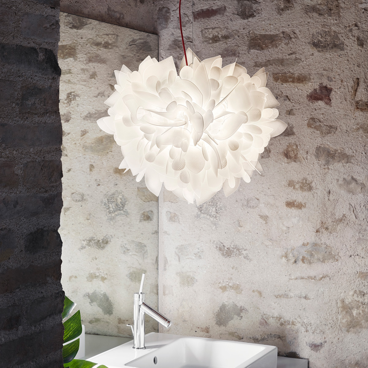 Slamp Veli Foliage Suspension, Textilkabel: rot, weiß gemustert