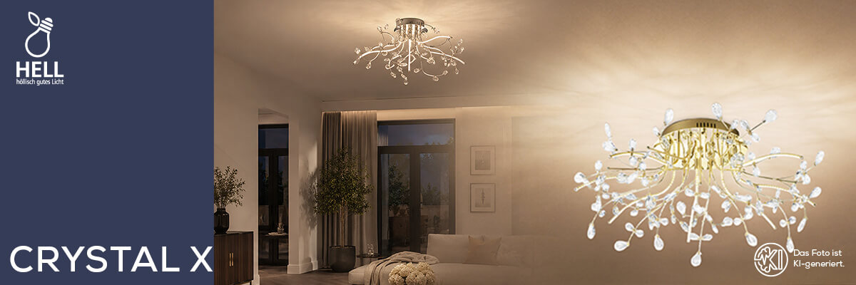 HELL Crystal X ceiling light with delicate branching arms and sparkling crystal elements in an elegant living room