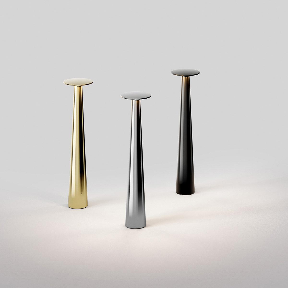 IP44.DE Lix skinny LED Akkuleuchte, Dim-to-Amber, brass (Messing), chrome (Chrom), dark chrome (dunkles Chrom) (v.l.n.r.)