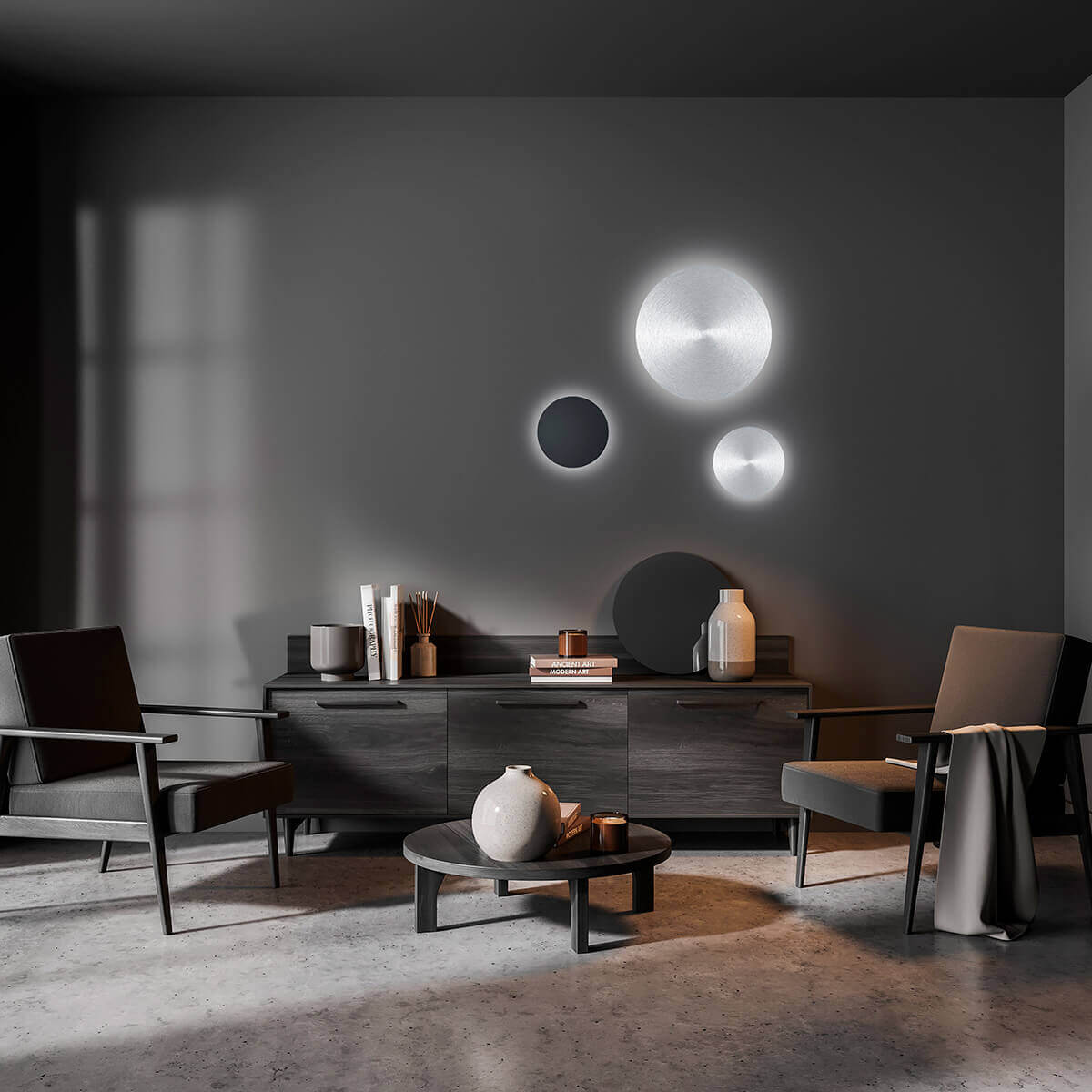 HELL Delta 70504 LED Wand- / Deckenleuchte, Ø: 60 cm, Alu eloxiert, sowie Delta 40269 LED Wand- / Deckenleuchte, Ø: 30 cm, schwarz und Alu eloxiert