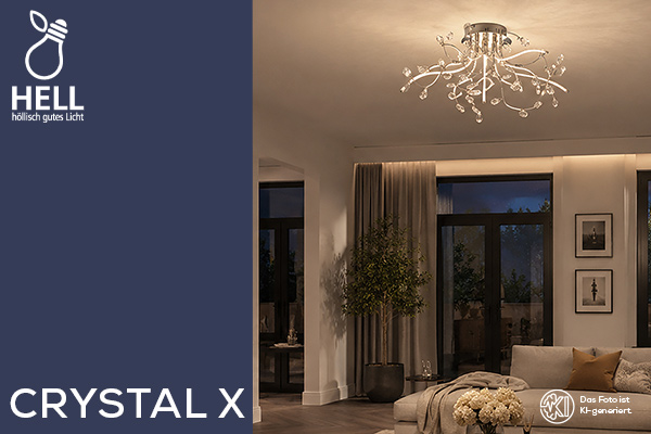 HELL Crystal X ceiling light with delicate branching arms and sparkling crystal elements in an elegant living room