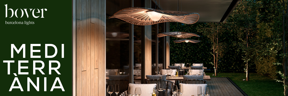 Bover Mediterrània outdoor pendant lights above a dining table on a modern terrace with garden view