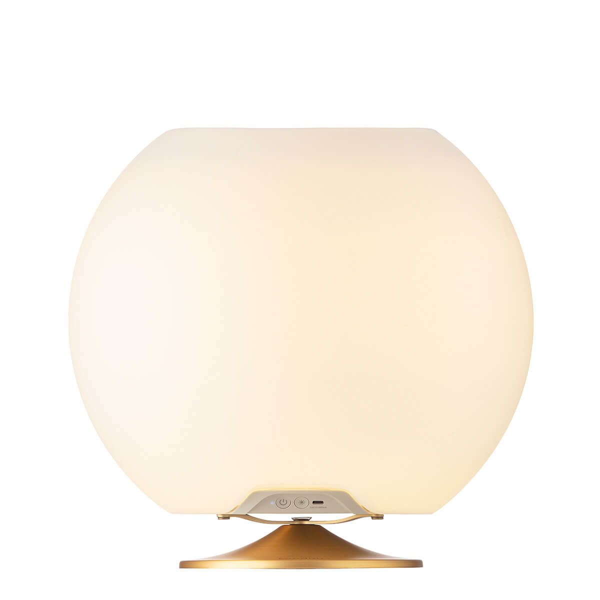 Kooduu Sphere LED Akkuleuchte, Bluetooth Lautsprecher & Weinkühler, Messing, Vorderseite (eingeschaltet)