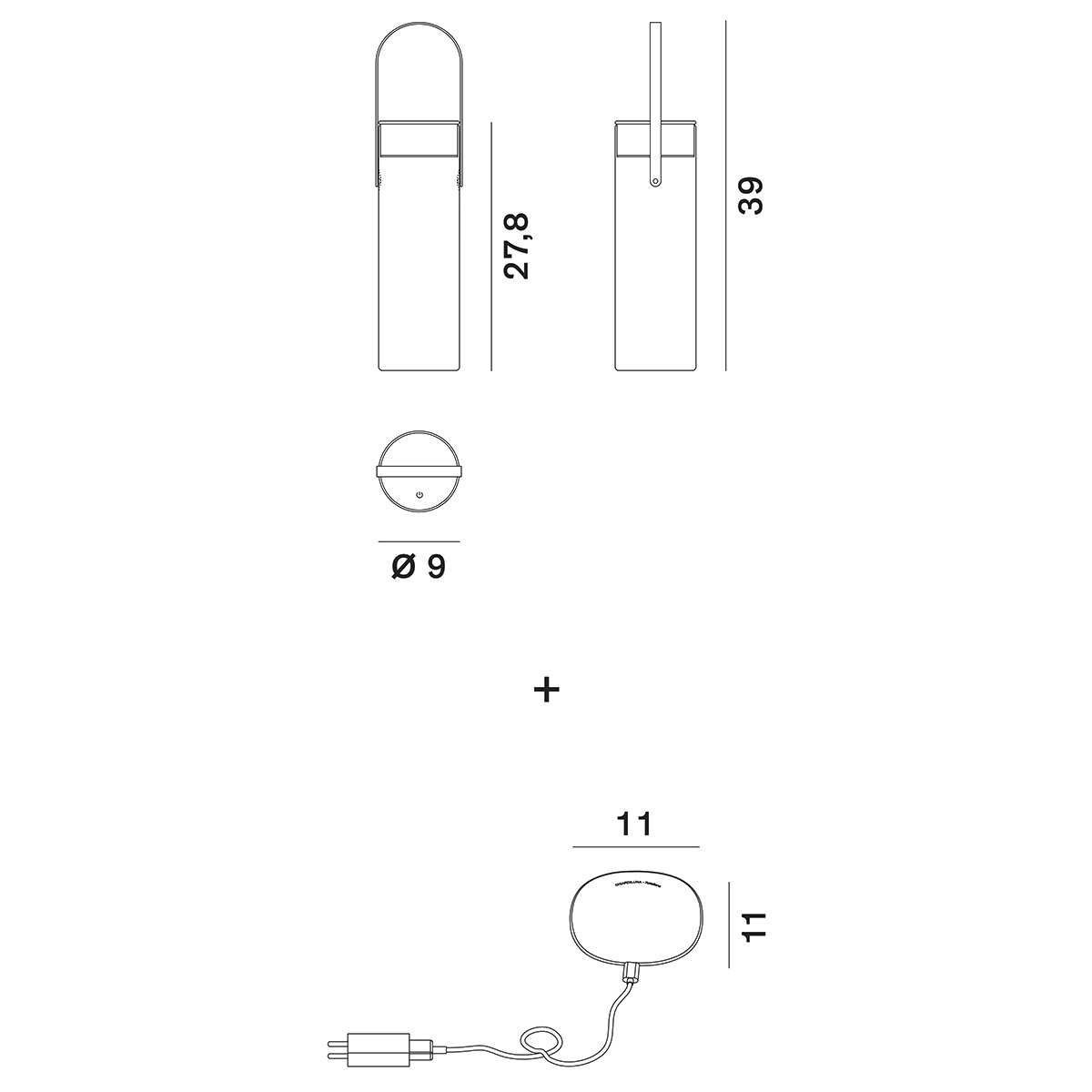 Rotaliana Chiardiluna LED Akkuleuchte & Vase, Maßzeichnung