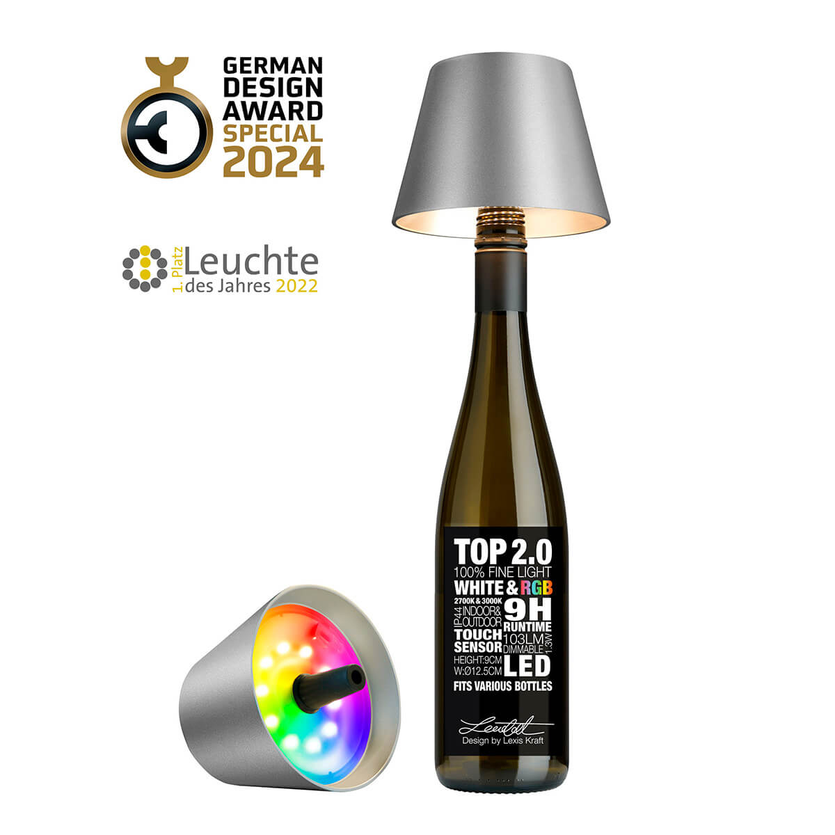 Sompex Top 2.0 RGB LED Akkuleuchte & Flaschenaufsatz, graphit (Flasche nicht inbegriffen zu sehen sind zwei Akkuleuchten)