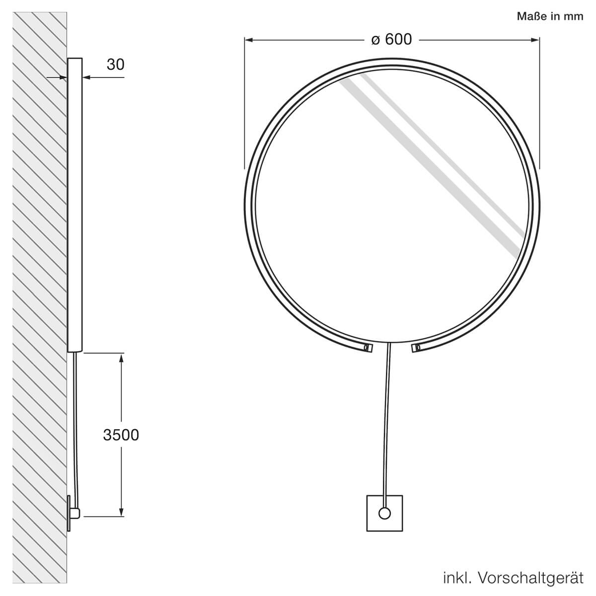 Occhio Mito sfera corda 60 wide Wand- / Spiegelleuchte, Spiegel klar, Maßzeichnung