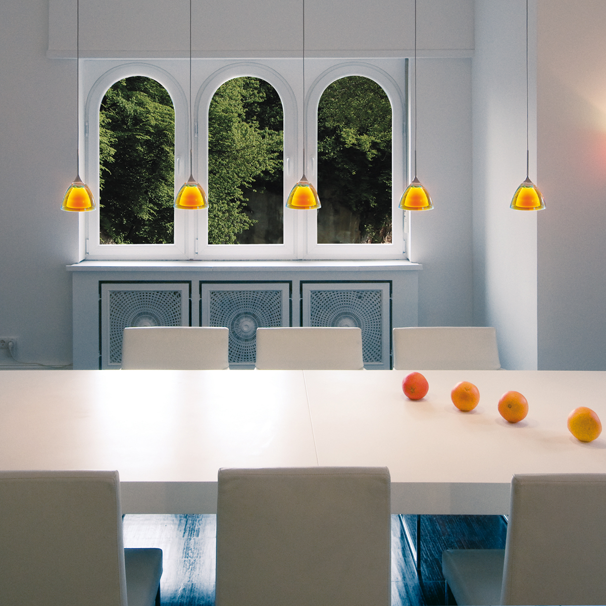 Bruck Duolare Silva Down 110 Pendelleuchte, Chrom matt, Glas: dichroitisch orange - gelb