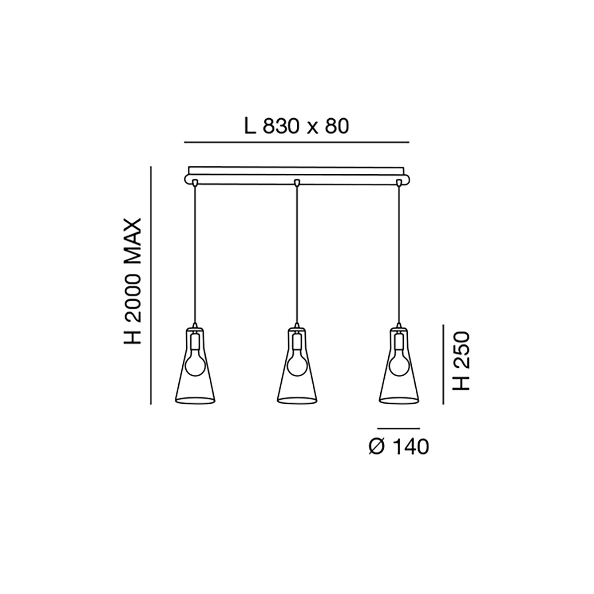 Fabas Luce Dafne Pendelleuchte, 3-flg., Maßzeichnung