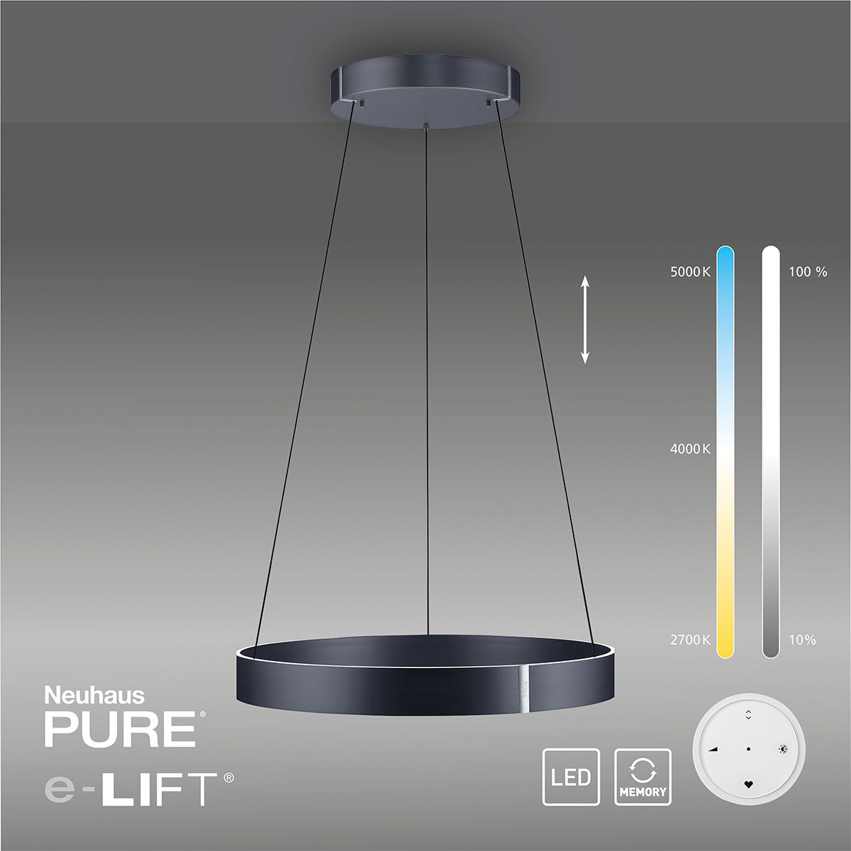 Neuhaus PURE E-Clipse LED Pendelleuchte, dunkelgrau, inkl. Fernbedienung zum Dimmen, Steuern von Farbtemperatur und Höhe