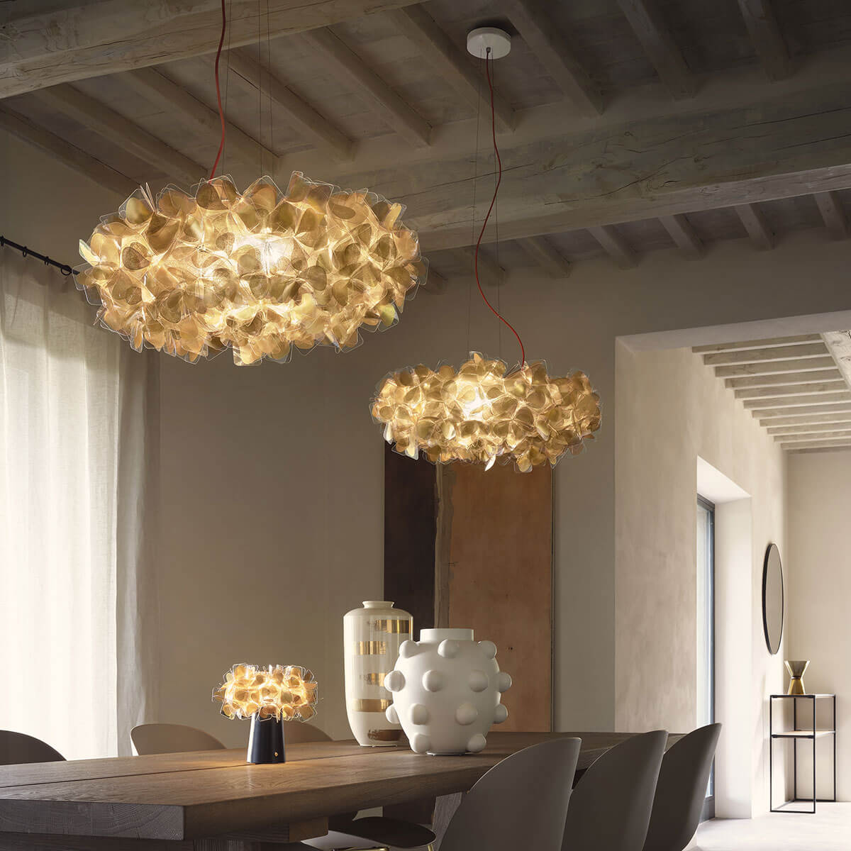 Slamp Clizia Mama non Mama Suspension Large, Gold, Textilkabel: rot