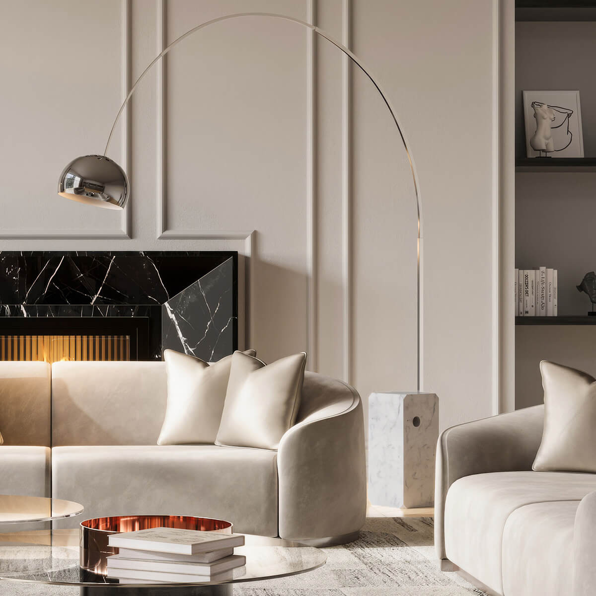 Flos Arco Bogenleuchte, Edelstahl, Sockel: Marmor