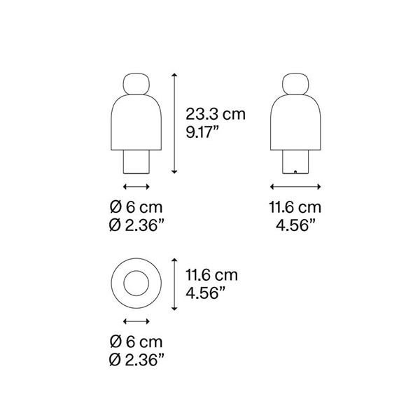 Lodes Easy Peasy LED Akkuleuchte, Modelle Kelp und Chestnut, Maßzeichnung