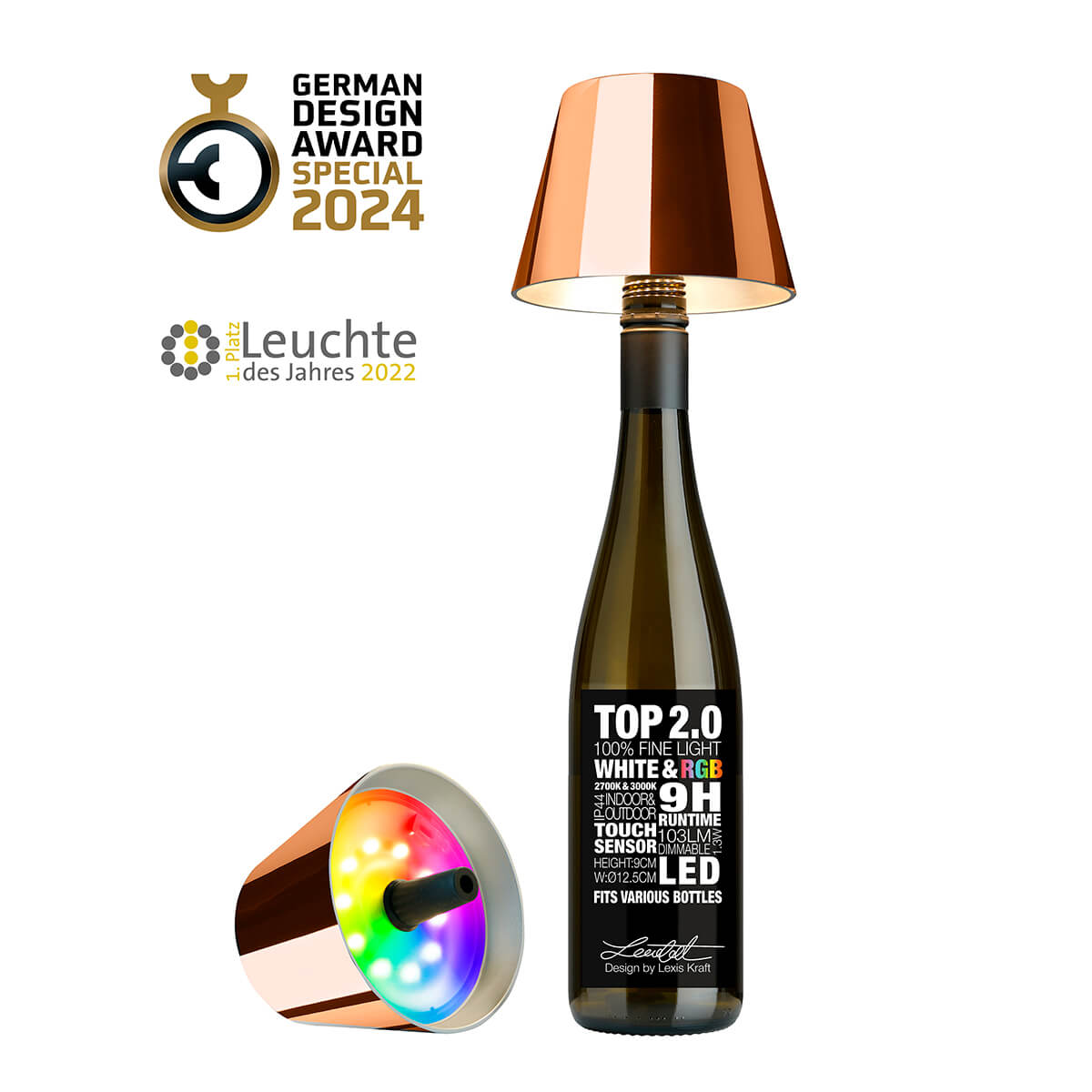 Sompex Top 2.0 RGB LED Akkuleuchte & Flaschenaufsatz, Kupfer (Flasche nicht inbegriffen