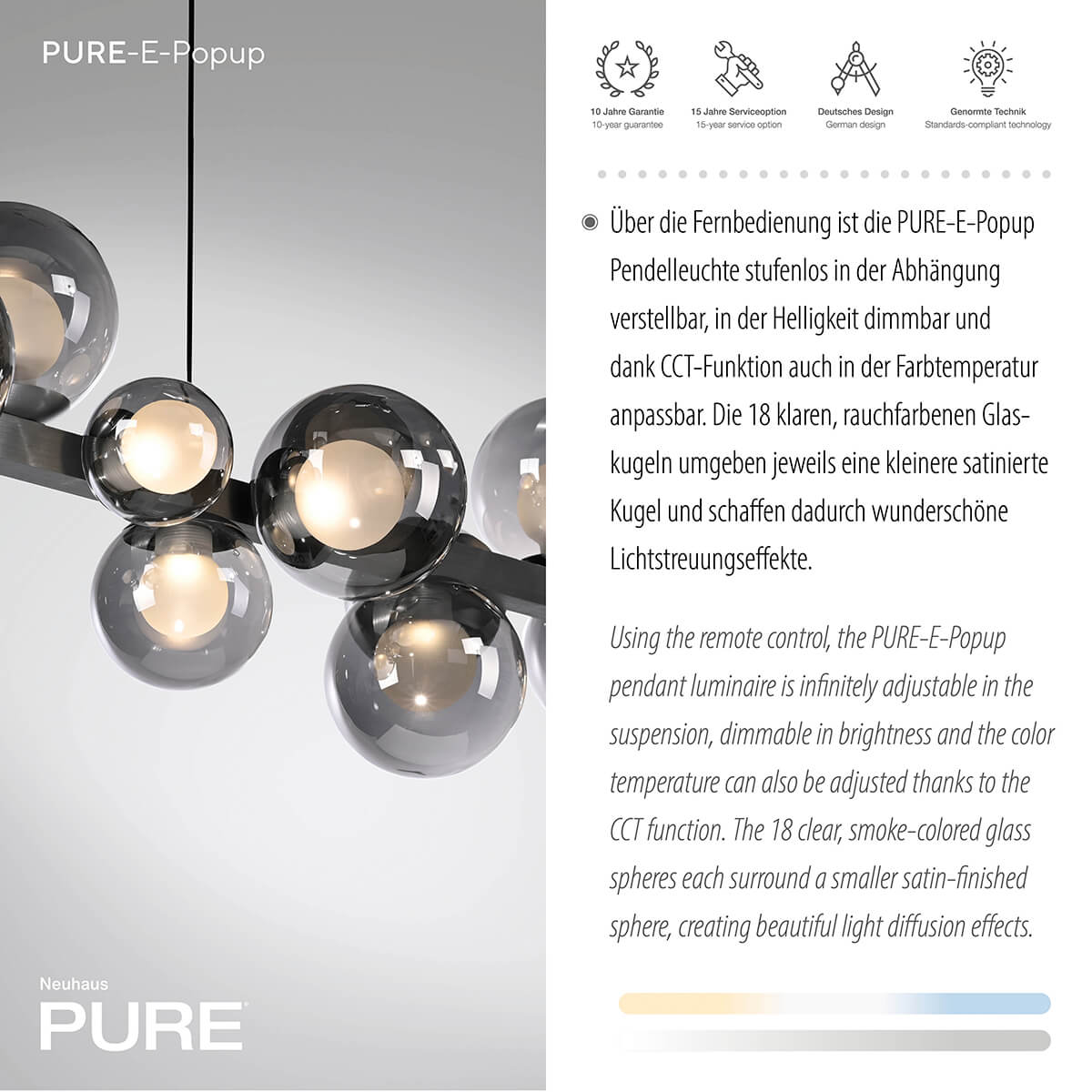 PURE E-Popup LED Pendelleuchte mit e-LIFT und CCT