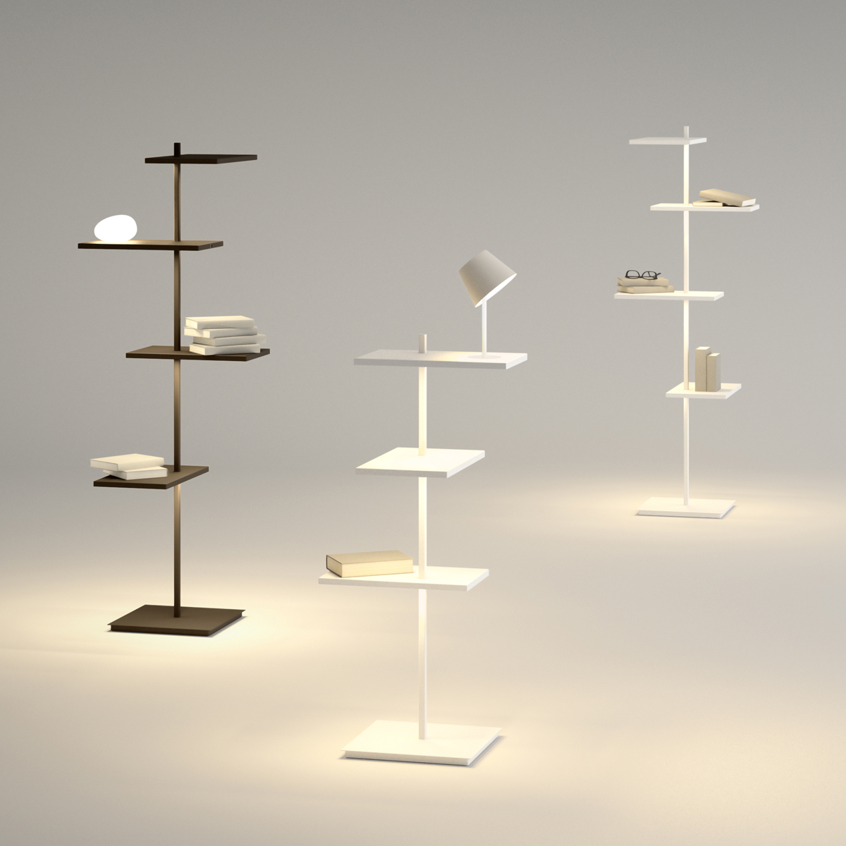 Vibia Suite 6006 Stehleuchte, dunkelbraun matt, Vibia Suite 6012 Stehleuchte, weiß matt, und Vibia Suite 6005 Stehleuchte, weiß matt