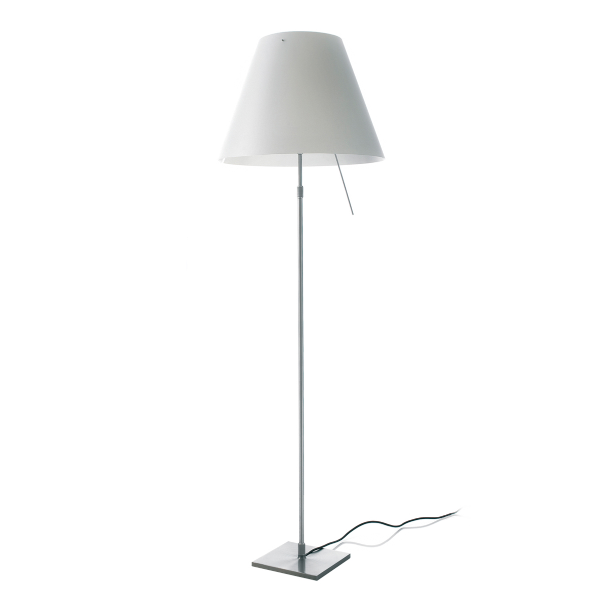 Luceplan Costanza Terra Teleskop mit Touchdimmer und Diffusor, Alu, Schirm: weiß (ausgeschaltet)