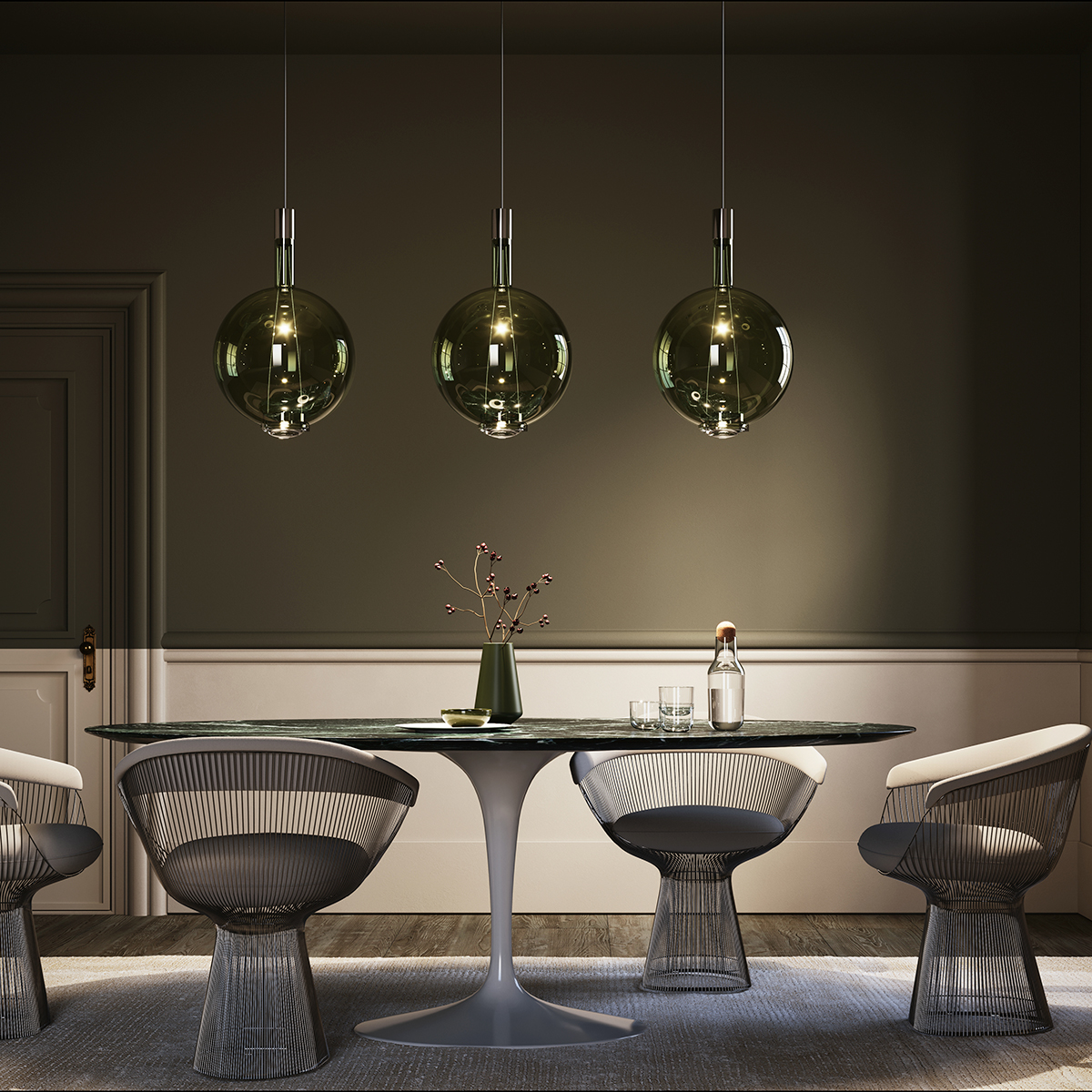 Lodes Sky-Fall Round Large LED Pendelleuchte, Chrom / goldenes Salbeigrün, die Abbildung zeigt 3 Pendelleuchten nebeneinander montiert