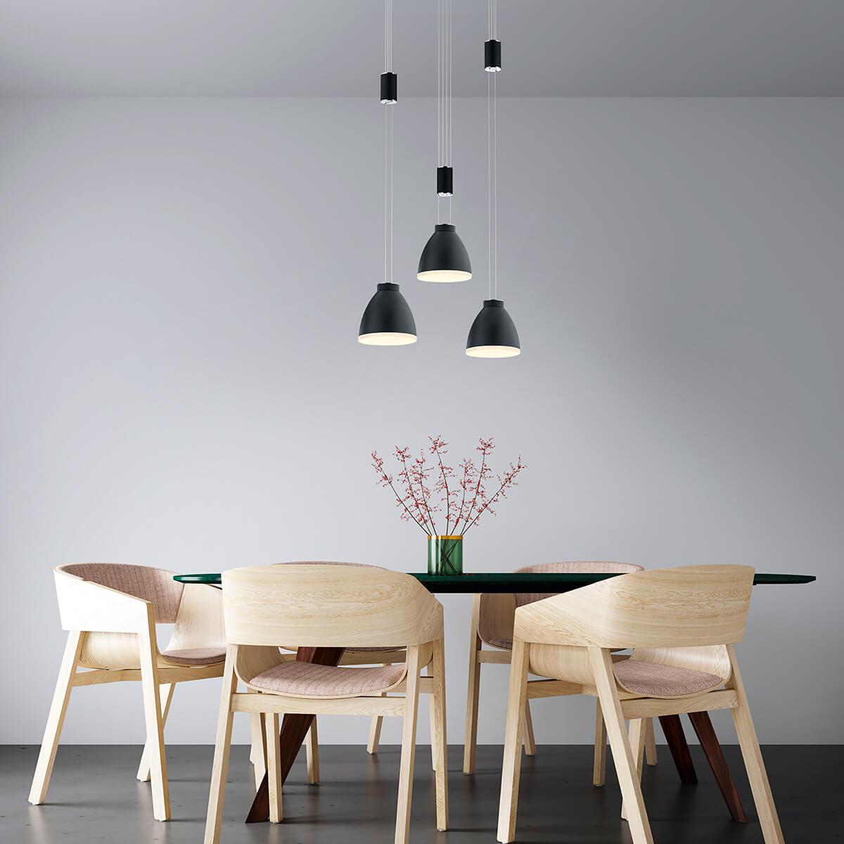 HELL Leni LED Pendelleuchte, 3-flg., mit Rondell, schwarz