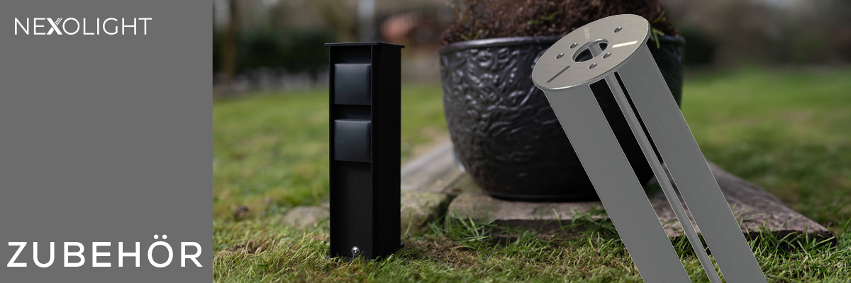 Nexolight accessories with ground spike and mounting elements for outdoor lights in the garden