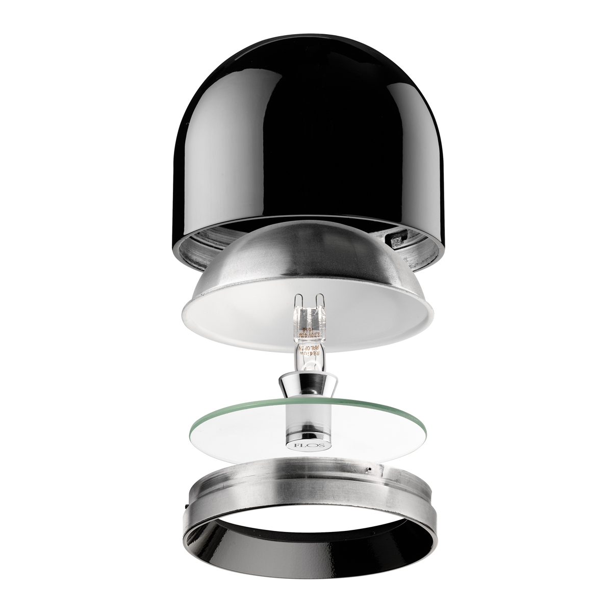 Flos Wan S Pendelleuchte, schwarz, schwarzer Ring, Aufbau Leuchtenkopf