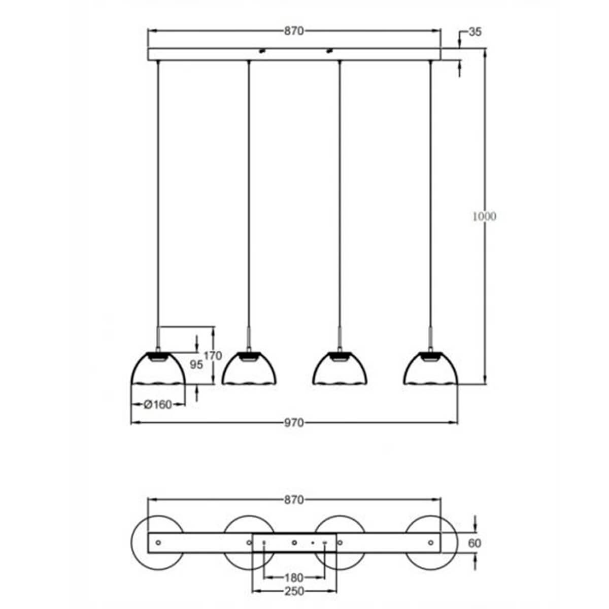 Fabas Luce Lucille LED Pendelleuchte, 4-flg., Maßzeichnung