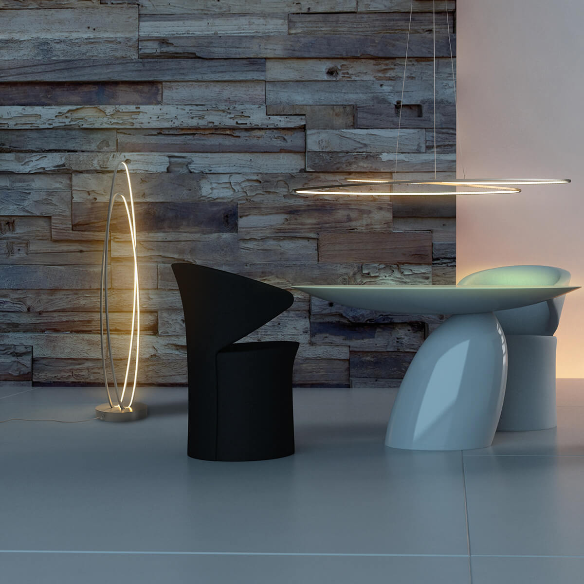 Bopp Flair LED Pendelleuchte, Aluminium geschliffen, die Abbildung zeigt die Steh- und Pendelleuchte der Kollektion