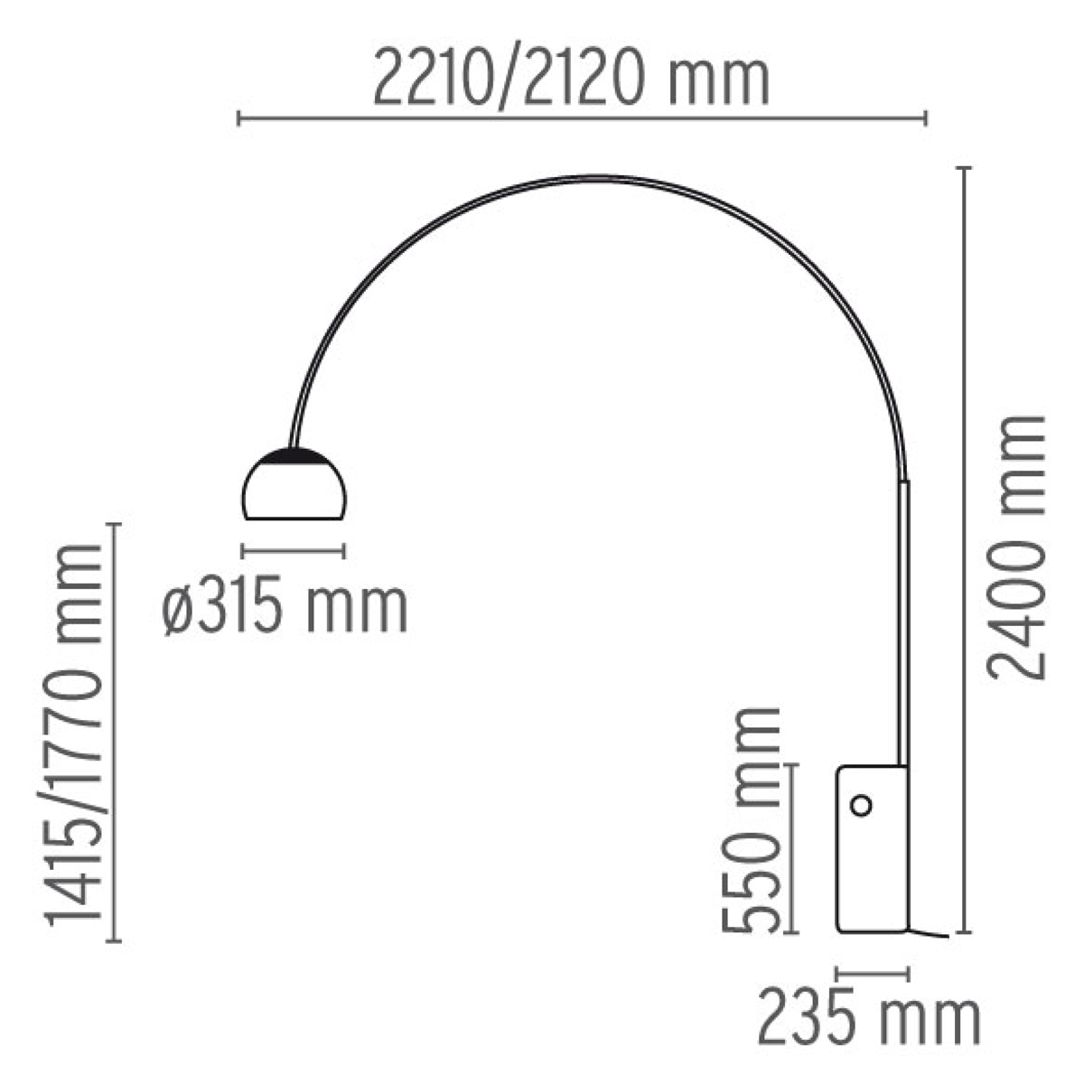 Flos Arco LED Bogenleuchte, Maßzeichnung