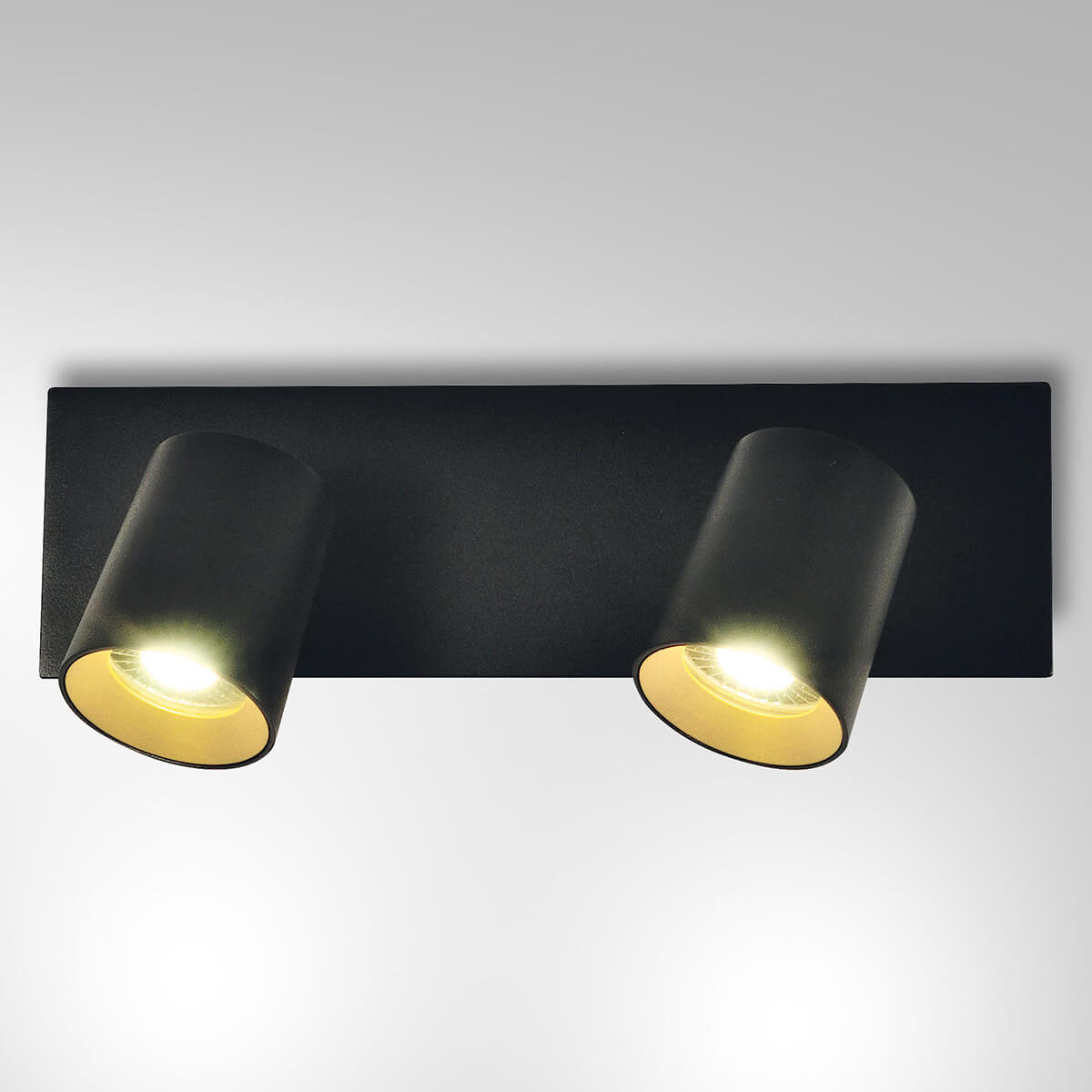 Fabas Luce Modo Deckenstrahler, 2-flg., schwarz, Dekoring Gold (eingeschaltet)