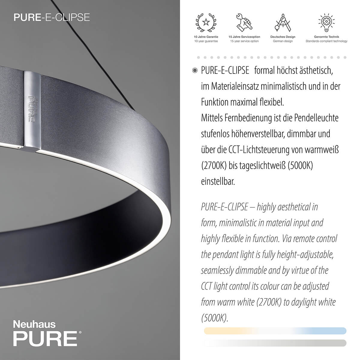 PURE E-Clipse LED Pendelleuchte mit e-LIFT und CCT
