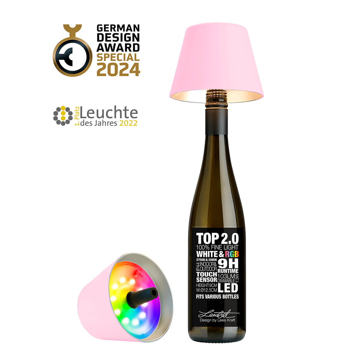 Sompex Top 2.0 RGB LED Akkuleuchte & Flaschenaufsatz, schwarz (Flasche nicht inbegriffen