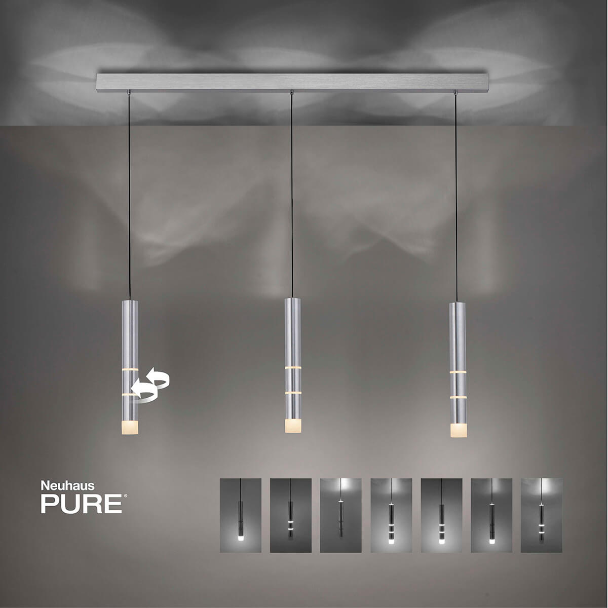 Neuhaus PURE Vega LED Pendelleuchte, 3-flg., Aluminium, versch. Lichtwirkungen möglich (manuell einstellbar)