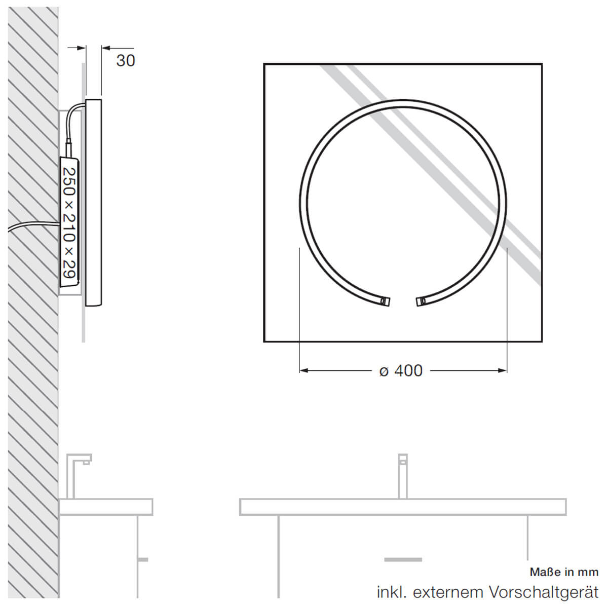 Occhio Mito sfera su 40 wide Spiegelleuchte, Maßzeichnung