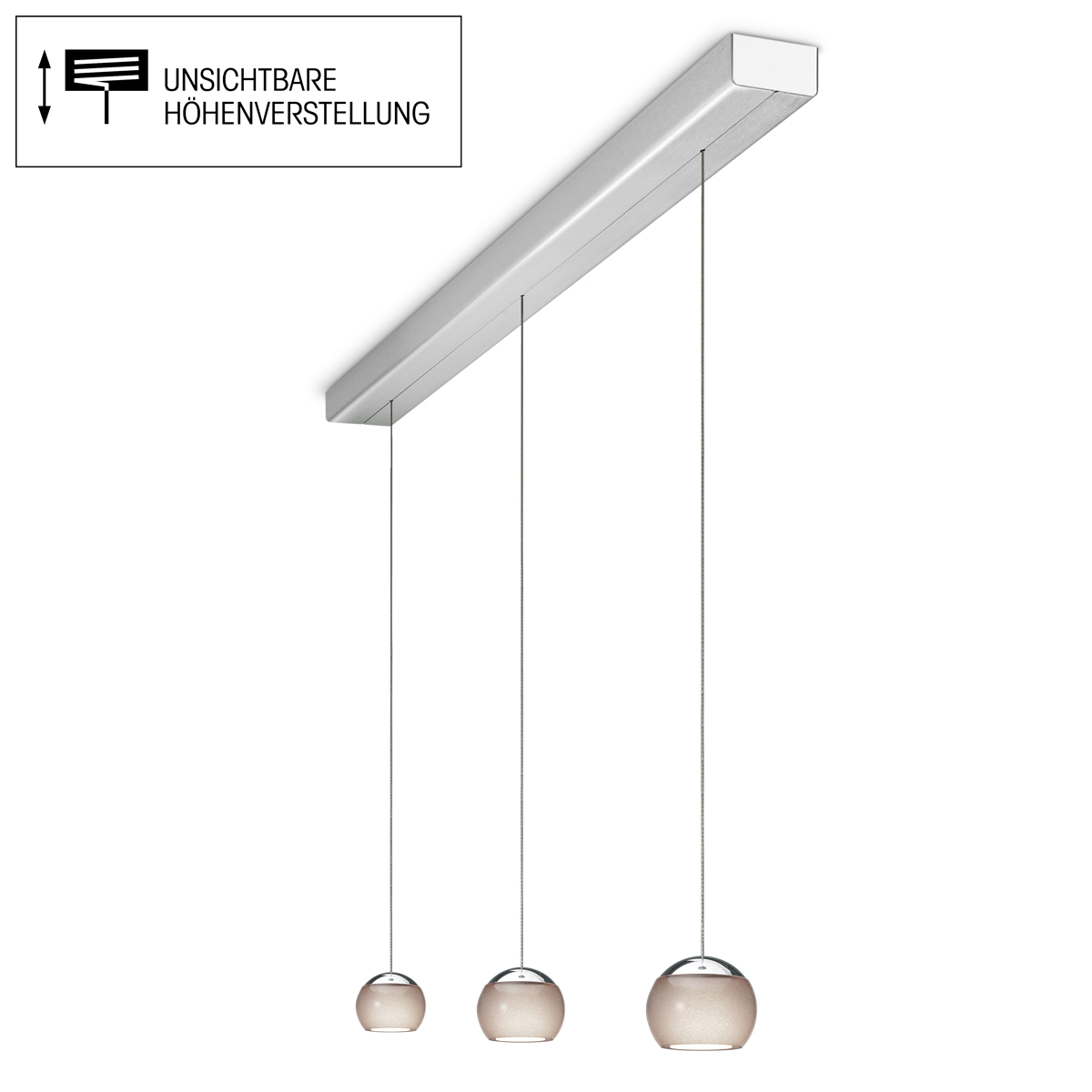 Oligo Balino LED Pendelleuchte, 3-flg., unsichtbare Höhenverstellung, Baldachin: Alu gebürstet, Chrom / diamantgrau glänzend