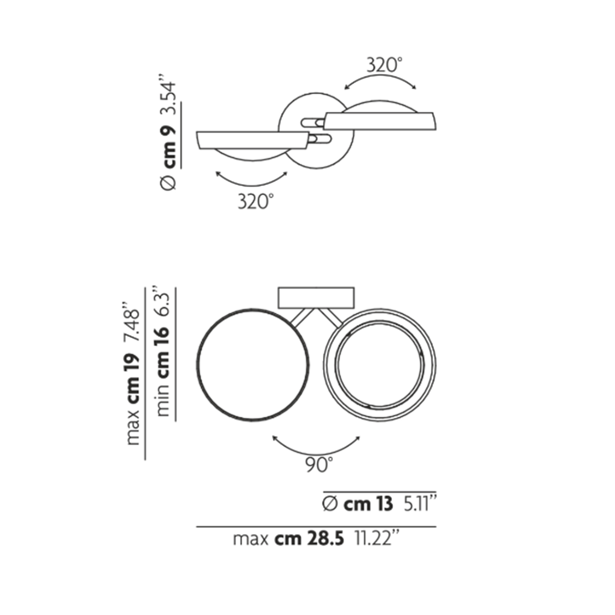 Lodes Nautilus LED Wandleuchte, Maßzeichnung