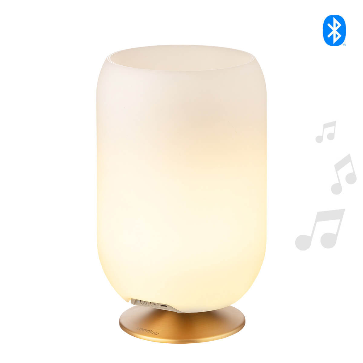 Kooduu Atmos LED Akkuleuchte, Bluetooth Lautsprecher & Weinkühler, Messing (eingeschaltet)