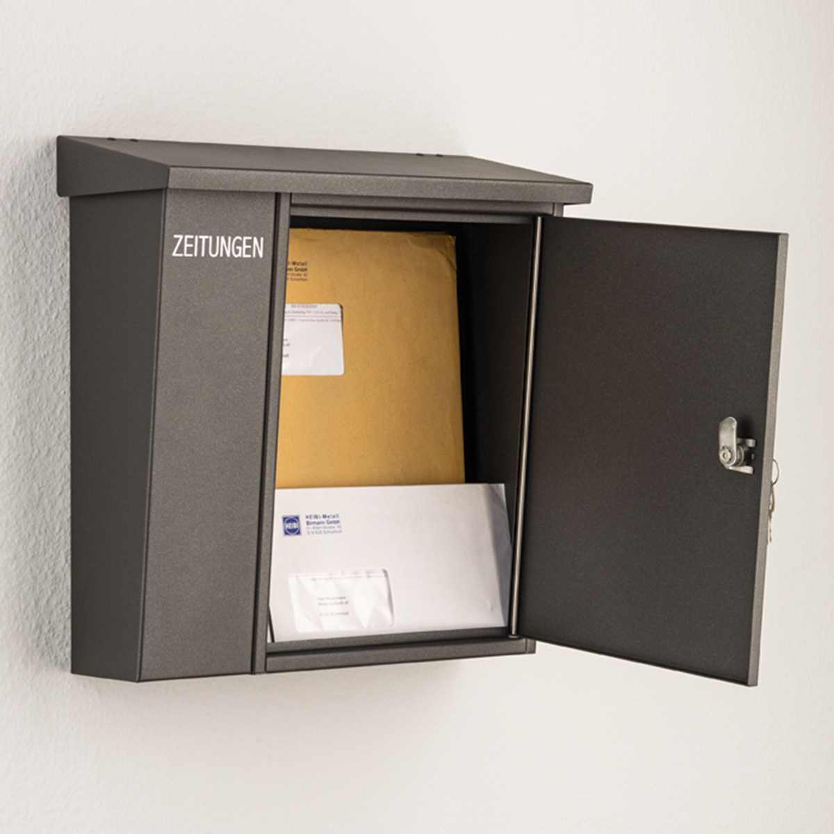 Heibi Briefkasten mit Zeitungsfach, grafitgrau, geöffnet