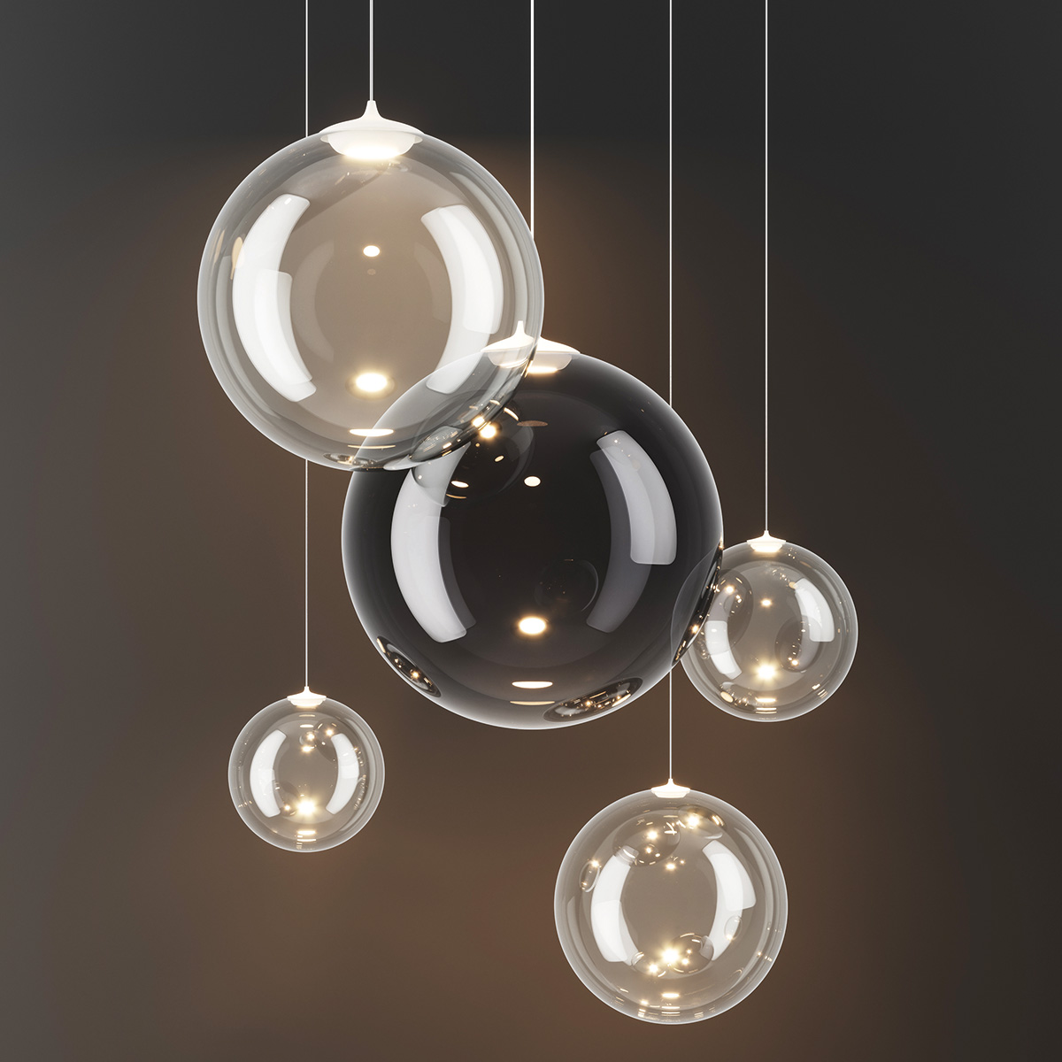 Lodes Random Solo 14 LED Pendelleuchte, die Abbildung zeigt die Leuchte in Glas klar und Rauchglas in versch. Größen als Cluster Leuchte kombiniert (auf Anfrage erhältlich)